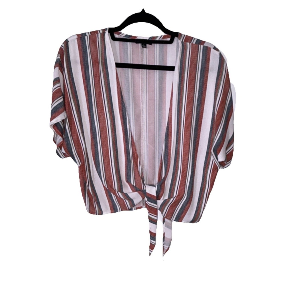 Style Envy Womens Striped Tie Front Crop Top Rust Blue White Rayon Blouse Large